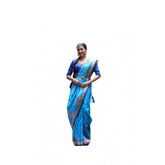 Teal faux tussar silk printed saree with unstitched blouse (5.5mtr)