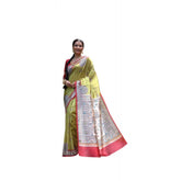 Mustard faux tussar silk printed saree with unstitched blouse, vibrant Indian traditional wear on display