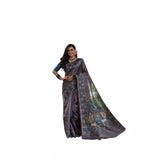 Grey faux Tussar silk printed saree with unstitched blouse, 5.5Mtr length