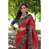 Women's Faux_Tussar_Silk Printed Saree With Unstitched Blouse 5.5Mtr (Red)