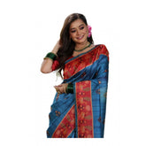 Blue faux tussar silk printed saree with unstitched blouse, 5.5mtr length