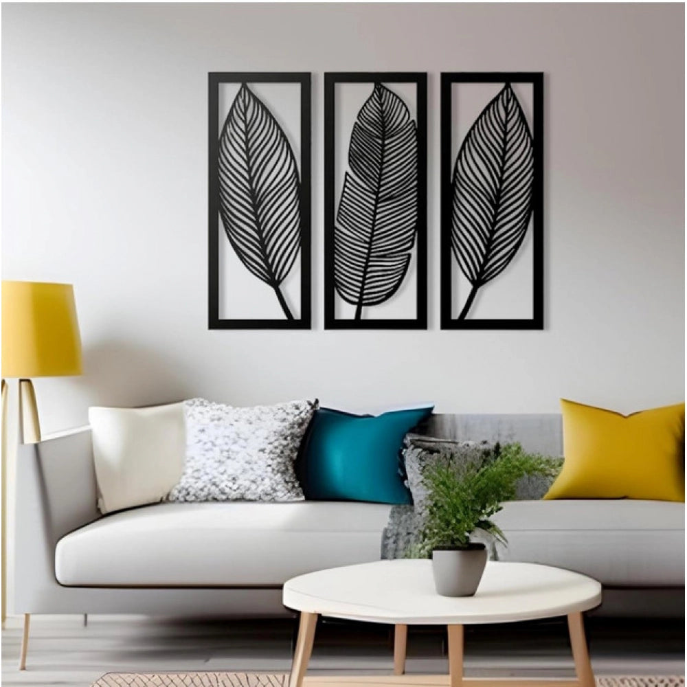 Black wood leaf wall art panel frame set, ideal for home decor in living room, bedroom, dining room, and office