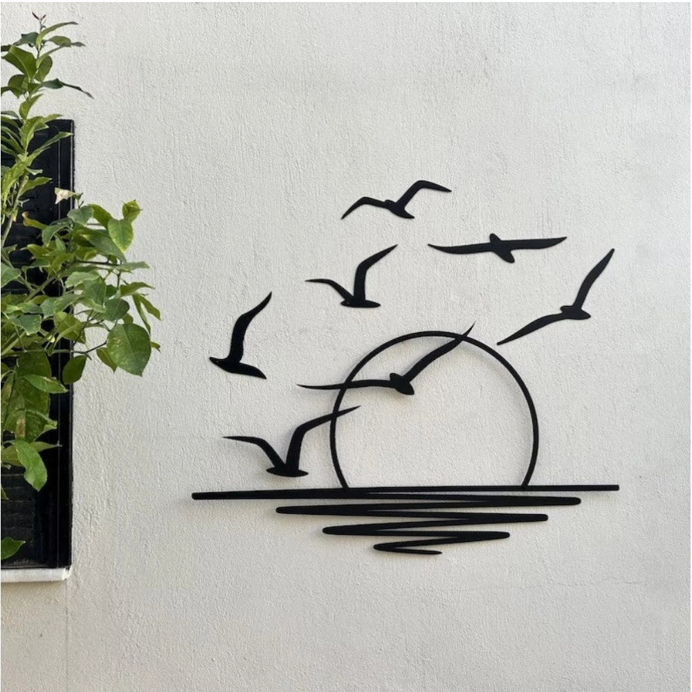 Black wooden wall decor featuring seagulls at sunrise coastal scene, ideal for living room, bedroom, dining room, or office
