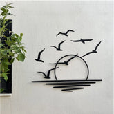 Black wooden wall decor featuring seagulls at sunrise coastal scene, ideal for living room, bedroom, dining room, or office