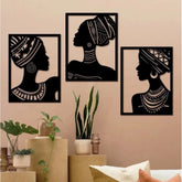Black wooden African Elegance wall decor set of 3 panels, ideal for home or office interiors