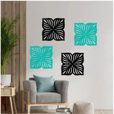 Black & Teal wooden flowers wall decor set of 4 pieces, frameless - ideal for home or office decor