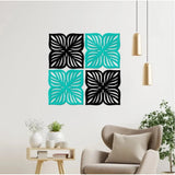 Black & Teal Wooden Flowers Design - 4 Pieces Wall Decor (Frameless) for Living Room, Bedroom, Dining Area, or Office