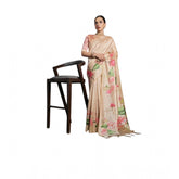 Beige cotton printed saree with unstitched blouse (5.5m), traditional Indian women's attire