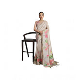 Cream cotton printed saree with unstitched blouse (5.5 mtr), traditional Indian women's fashion accessory