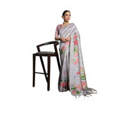 Grey cotton printed saree with unstitched blouse, vibrant design for traditional Indian wear