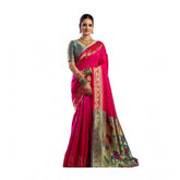 Pink silk blend woven saree with unstitched blouse, vibrant hue for traditional Indian wear