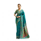 Teal silk blend woven saree with unstitched blouse, vibrant ethnic wear for women