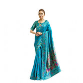 Turquoise silk blend woven saree with unstitched blouse, 5.5 mtr for women's traditional Indian wear