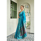 Women's Silk Blend Woven Saree With Unstitched Blouse 5.5 Mtr (Turquoise)