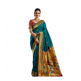 Teal silk blend woven saree with unstitched blouse, perfect for traditional Indian attire