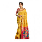 Mustard silk blend woven saree with unstitched blouse, 5.5 mtr length on mannequin