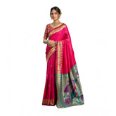 Women's pink silk blend woven saree with unstitched blouse, 5.5 mtr - authentic Indian traditional wear for special occasions