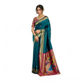 Teal silk blend woven saree with unstitched blouse, ideal for traditional Indian wear