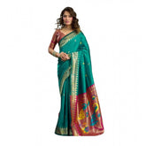 Green silk blend woven saree with unstitched blouse, 5.5 mtr. Traditional Indian attire on model