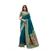 Teal silk blend woven saree with unstitched blouse, ideal for traditional Indian wear