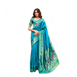 Aqua Blue Silk Blend Woven Saree with unstitched blouse (5.5mtr), elegant traditional Indian wear on mannequin