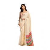 Beige linen-cotton printed ready-to-wear saree with unstitched blouse (5.5mtr) - vibrant Indian fashion accessory