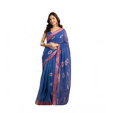 Blue printed linen-cotton saree with unstitched blouse (5.5 mtr)