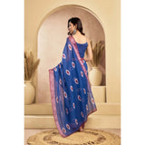 Women's Linen Cotton Printed Ready To Wear Saree With Unstitched Blouse 5.5 Mtr (Blue)