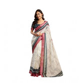 Off-white linen cotton printed ready-to-wear saree with unstitched blouse (5.5 mtr) - traditional Indian wear for women on display
