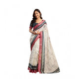 Women's Linen Cotton Printed Ready To Wear Saree With Unstitched Blouse 5.5 Mtr (Off_White)
