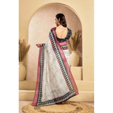 Women's Linen Cotton Printed Ready To Wear Saree With Unstitched Blouse 5.5 Mtr (Off_White)