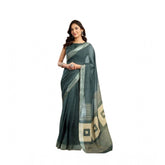 Light teal linen-cotton printed ready-to-wear saree with unstitched blouse (5.5 mtr) - vibrant, traditional Indian wear