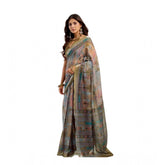 Multicolor linen-cotton printed ready-to-wear saree with unstitched blouse (5.5 mtr) on mannequin for fashion