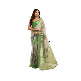 Light Green Linen Cotton Printed Ready-to-Wear Saree with Unstitched Blouse, 5.5 Mtr on mannequin