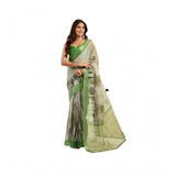 Women's Linen Cotton Printed Ready To Wear Saree With Unstitched Blouse 5.5 Mtr (Light_Green)