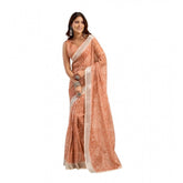Peach linen cotton printed ready-to-wear saree with unstitched blouse (5.5 mtr)
