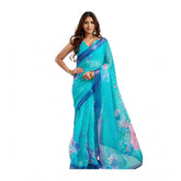 Light Aqua Blue Linen-Cotton Printed Ready-to-Wear Saree with Unstitched Blouse, 5.5 Mtr on fashion mannequin
