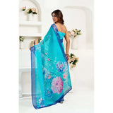 Women's Linen Cotton Printed Ready To Wear Saree With Unstitched Blouse 5.5 Mtr (Light_Aqua_Blue)