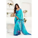 Women's Linen Cotton Printed Ready To Wear Saree With Unstitched Blouse 5.5 Mtr (Light_Aqua_Blue)