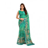 Green linen cotton printed ready-to-wear saree with unstitched blouse (5.5 mtr)