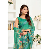 Women's Linen Cotton Printed Ready To Wear Saree With Unstitched Blouse 5.5 Mtr (Green)