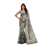 Grey linen-cotton printed ready-to-wear saree with unstitched blouse (5.5 mtr) on hanger
