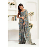 Women's Linen Cotton Printed Ready To Wear Saree With Unstitched Blouse 5.5 Mtr (Grey)