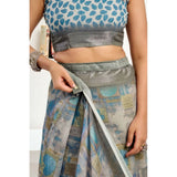 Women's Linen Cotton Printed Ready To Wear Saree With Unstitched Blouse 5.5 Mtr (Grey)