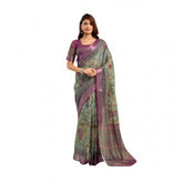 Multi-colored linen cotton printed ready-to-wear saree with unstitched blouse (5.5 mtr) on model