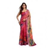 Pink linen cotton printed ready-to-wear saree with unstitched blouse (5.5 mtr), vibrant floral pattern