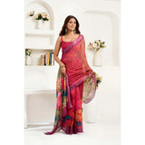 Women's Linen Cotton Printed Ready To Wear Saree With Unstitched Blouse 5.5 Mtr (Pink)