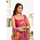Women's Linen Cotton Printed Ready To Wear Saree With Unstitched Blouse 5.5 Mtr (Pink)