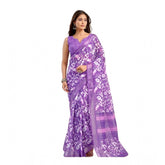 Purple linen-cotton printed ready-to-wear saree with unstitched blouse, 5.5mtr Indian women's traditional attire