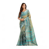 Light-green linen cotton printed ready-to-wear saree with unstitched blouse, vibrant Indian traditional attire for women
